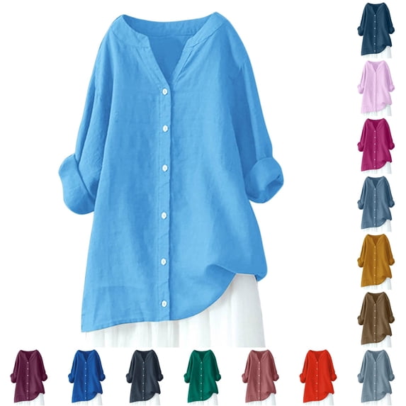 DHFJKG Blouses For Women Casual Oversized Button Up Shirt Long Sleeve V Neck Mid Length Tops