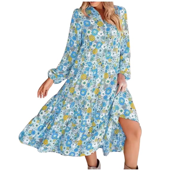 DHFJKG Bohemian Floral Dresses For Women Long Sleeve Casual Loose Fit Turndown Collar Spring Summer Midi Dress Beach OutFits Soft Dresses