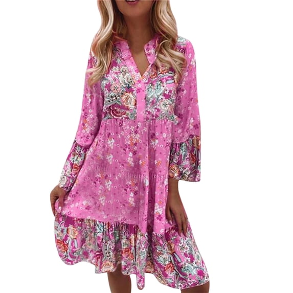DHFJKG Bohemian Floral Dresses For Women Vintage Ethnic Style Mini Dress Long Sleeve Notch V Neck Loose Fit Boho Tunic Dress Beach Vacation Clothes Soft Dresses