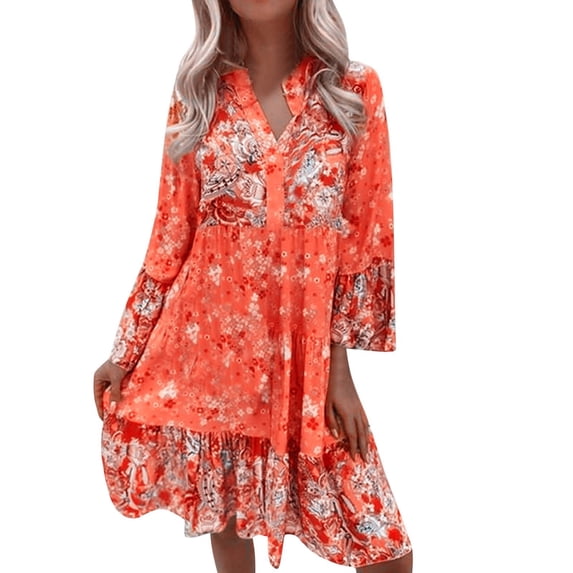 DHFJKG Bohemian Floral Dresses For Women Vintage Ethnic Style Mini Dress Long Sleeve Notch V Neck Loose Fit Boho Tunic Dress Beach Vacation Clothes Trendy Dresses