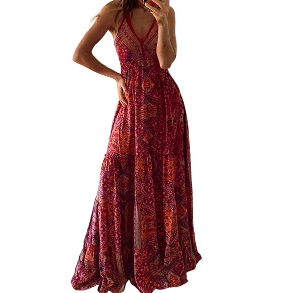 DHFJKG Bohemian Floral Maxi Dress For Women V Neck Sleeveless Summer Beach Vacation Clothes Sundress Boho Size S-XXXXXL Stylish Dresses