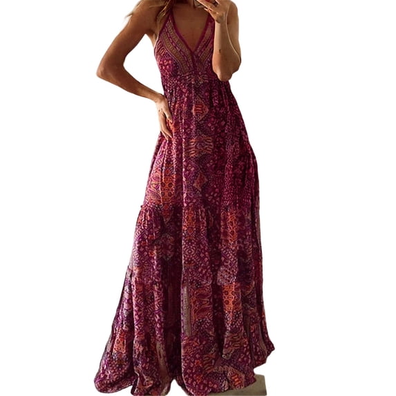 DHFJKG Bohemian Floral Maxi Dress For Women V Neck Sleeveless Summer Beach Vacation Clothes Sundress Boho Size S-XXXXXL Versatile Dresses