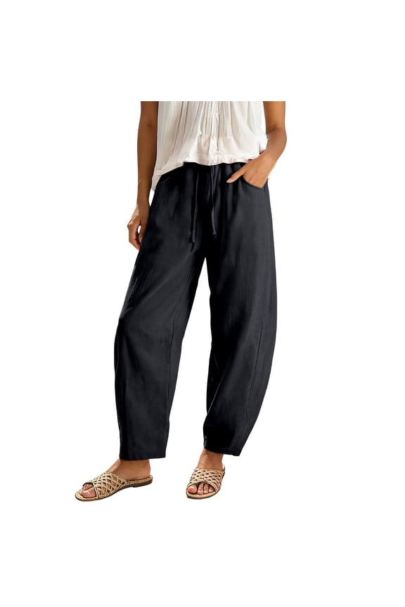 Bohemian Linen Pants Women Harem Loose Fit Casual Drawstring Summer Lightweight Beach Pants With Pockets Soft Trousers