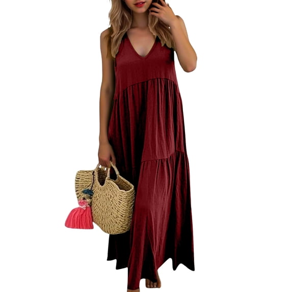 DHFJKG Bohemian Summer Women Dress Beach Vacation Clothes Solid Color Sleeveless V Neck Maxi Dress Flowy Comfort Dresses