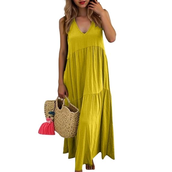 DHFJKG Bohemian Summer Women Dress Beach Vacation Clothes Solid Color Sleeveless V Neck Maxi Dress Flowy Trendy Dresses