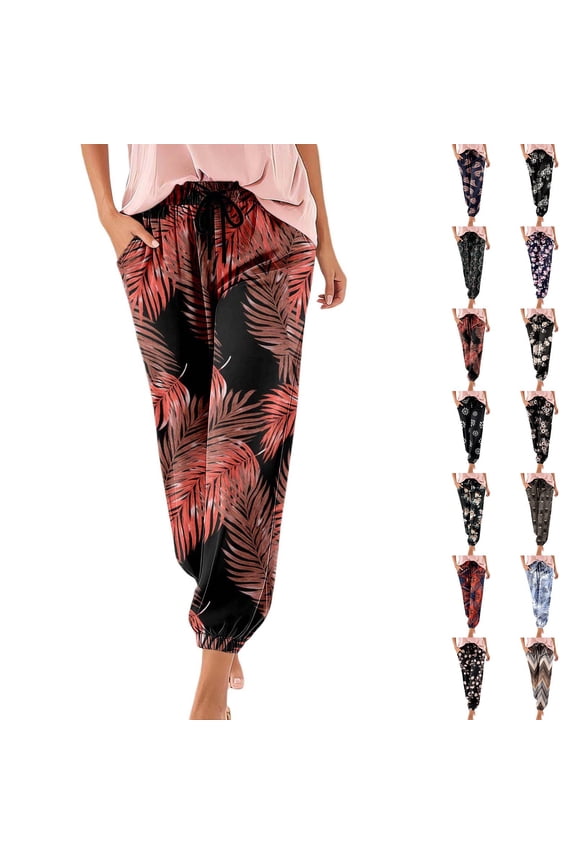 Boho Beach Pants For Women Casual Drawstring Tropical Printed Summer Ankle-Tied Trousers Loose Fit Lightweight Vacation Pants