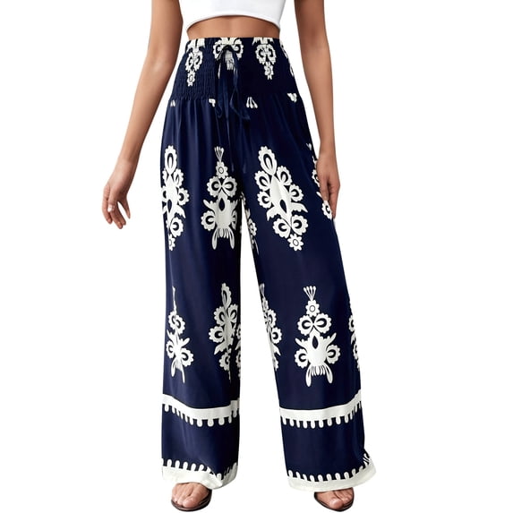 DHFJKG Boho Pants Women High Waisted Wide Leg Casual Drawstring Ethnic Style Printed Flowy Palazzo Summer Beach Vacation Clothes Trendy Trousers