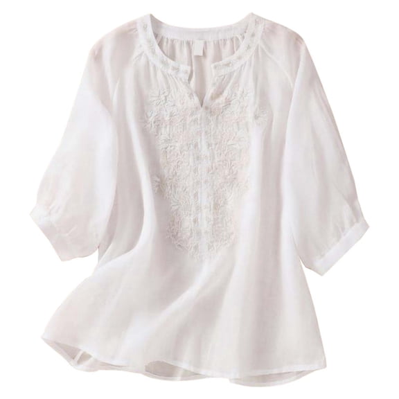 DHFJKG Boho T Shirt Women Vintage Linen Tees Floral Embroidery Half Sleeve V Neck Loose Fit Tshirts Vacation Travel Outfit Comfy Tops