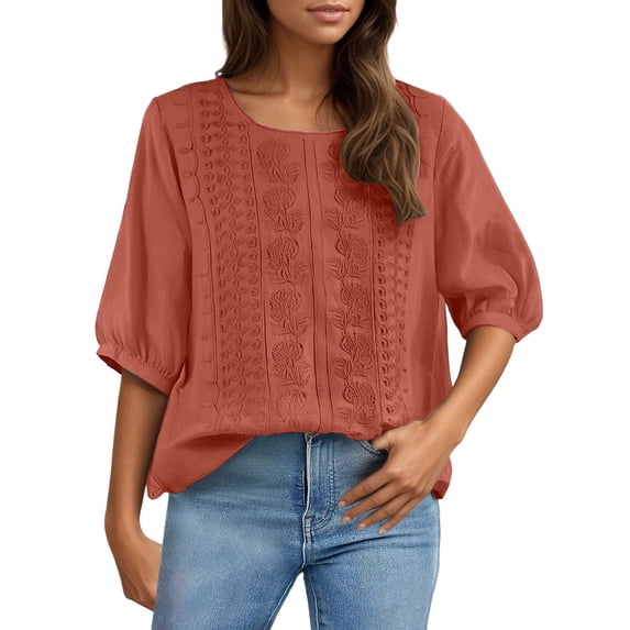 DHFJKG Boho T Shirts For Women Floral Embroidered Loose Fit Half Sleeve Breathable Linen Summer Top Beach Vacation Clothes Soft Tops
