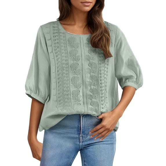 DHFJKG Boho T Shirts For Women Floral Embroidered Loose Fit Half Sleeve Breathable Linen Summer Top Beach Vacation Clothes Versatile Tops