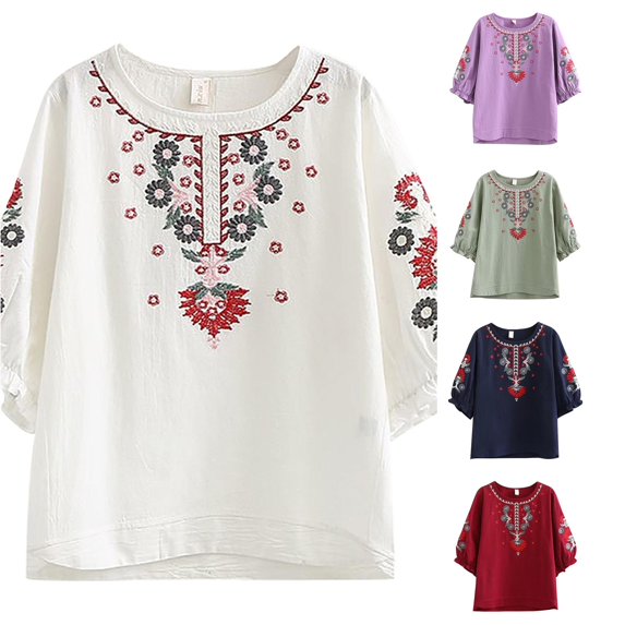DHFJKG Boho Tops For Women Floral Embroidered T Shirt Half Sleeve Crew Neck Lightweight Loose Fit Casual Tee Beach Comfy Top
