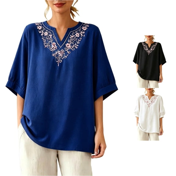 DHFJKG Boho Tops For Women Puff Sleeve T Shirt Floral Embroidered Half Sleeve V Neck Tee Lightweight Casual Summer Beach Clothes Stylish Top