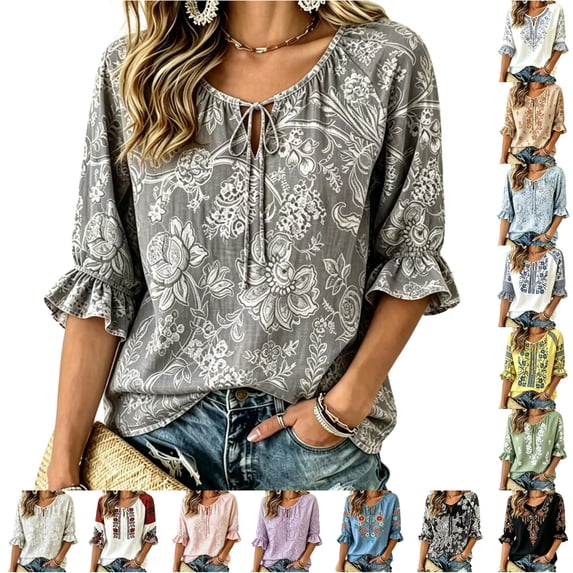 DHFJKG Boho Tops For Women V Neck Lace Up Floral Printed Half Sleeve T Shirts Summer Beach Vacation Clothes