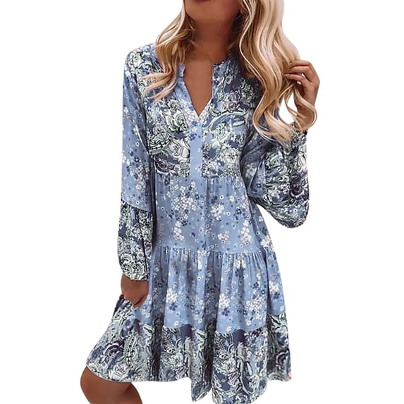 DHFJKG Bohemian Floral Dresses For Women Vintage Ethnic Style Mini Dress Long Sleeve Notch V Neck Loose Fit Boho Tunic Dress Beach Vacation Clothes Versatile Dresses