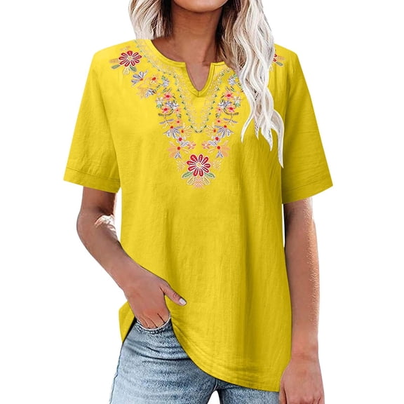 DHFJKG Bohomian T Shirts For Women Summer Top Floral Embroidered Loose Fit Short Sleeve Notch V Neck Tee Floay Beach Vacation Clothes Stylish Tops