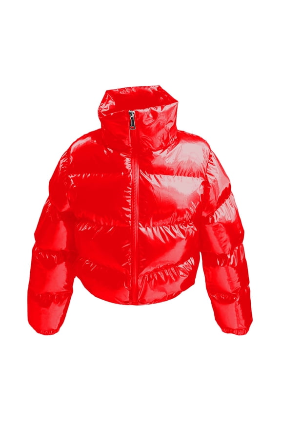Boy Girl Winter Padded Puffer Cropped Coat Shiny Glossy Warm Thickened Insulated Outerwear Stand Collar Zipper Crop Jackets For Kids Children Cold Weather Soft Outwear