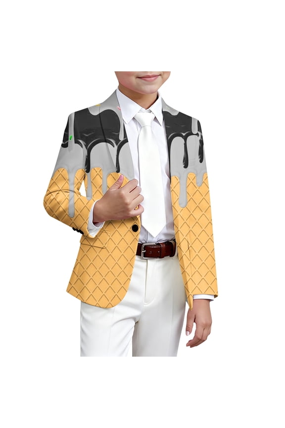 Boys Casual Suit Jackets Party Coat Ice Cream Printed Long-Sleeve Button-Front Slim-Fit Stretch Blazer For 3-14 Years Old Kids