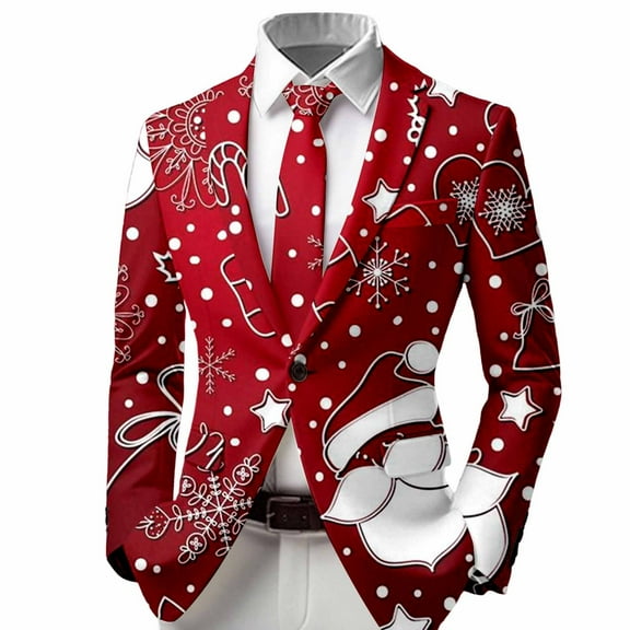 DHFJKG Boys Christmas Suit Jackets Formal Party Coat Xmas Printed Long-Sleeve Button-Front Slim-Fit Stretch Blazer For 3-14 Years Old Kids Comfort Festive Wear