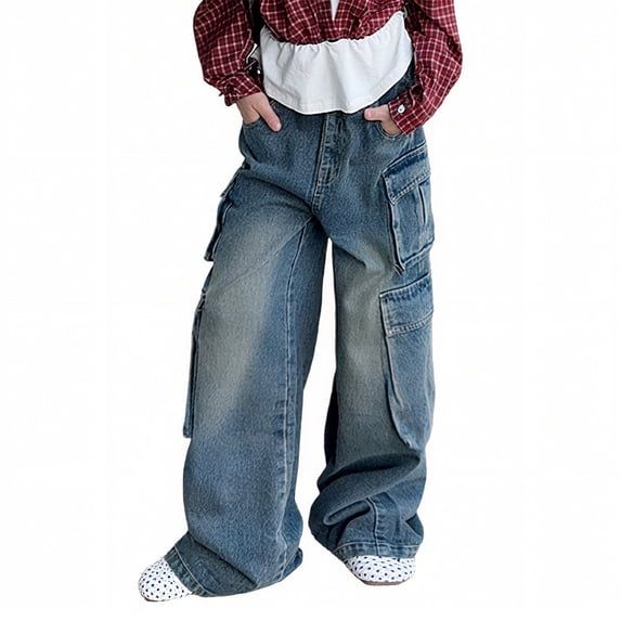 DHFJKG Boys Girls Cargo Jeans For Kids Loost Fit Denim Pants With Multi Pockets Design And Elastic Waist Soft Pants