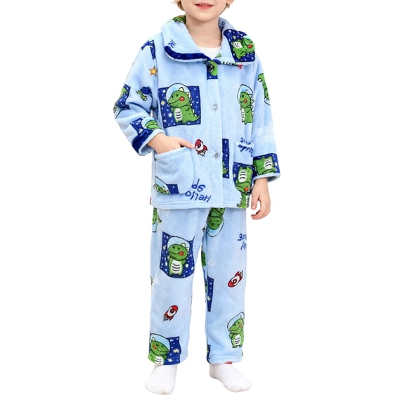 DHFJKG Boys Girls Flannel 2 Piece Home Clothes Cute Cartoon Pattern Long Sleeve Turndown Collar Pockets Shirt Loose Fit Bottoms Comfort Outfit