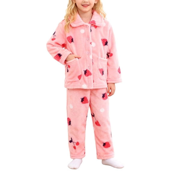 DHFJKG Boys Girls Flannel 2 Piece Home Clothes Cute Cartoon Pattern Long Sleeve Turndown Collar Pockets Shirt Loose Fit Bottoms Comfort Outfit