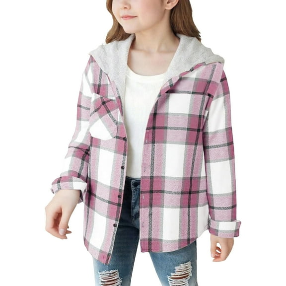 DHFJKG Boys Girls Hooded Plaid Jacket Long Sleeve Loose Fit Button Down Shirt Jackets For Kid 3-13 Years Old Winter Comfort Outerwear