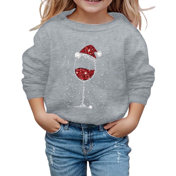 DHFJKG Boys Girls Santa Pullover For Kids Child Red Tall Glass Printed Round Neck Long Sleeved Loose Fit Top Hoodless Winter Casual Comfort Tops