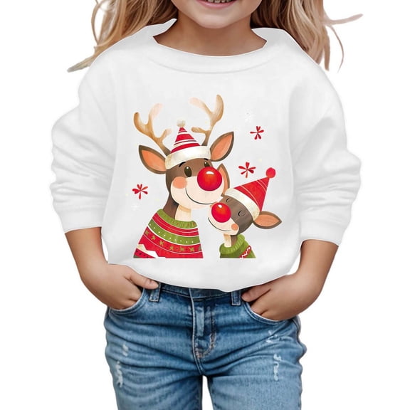 DHFJKG Boys Girls Santa Sweatshirt For Kids Cartoon Christmas Reindeer Printed Round Neck Long Sleeved Loose Fit Top Hoodless Casual Cozy Tops
