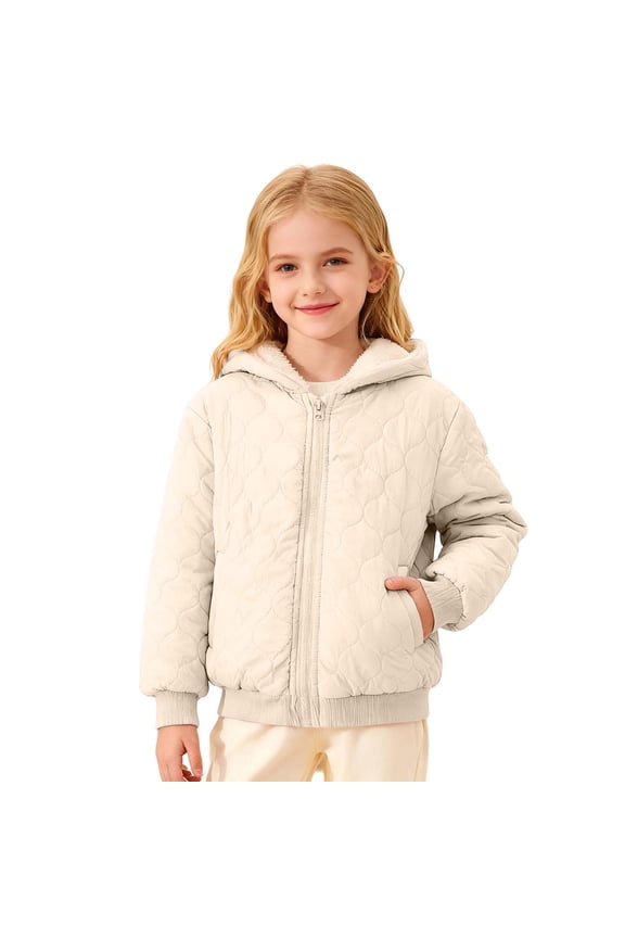 Boys Girls Zip Up Hoodies Puffer Coat Padded Quilted Fuzzy Lining Plaid Windproof Jacket Kids 3-14 Years Warm Casual Outerwear