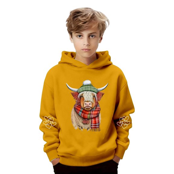 DHFJKG Boys Hoodies Funny Cow Print Pullover Long Sleeve Loose Fit Comfortable Sweatshirt Size 2-14 Years Stylish Tops