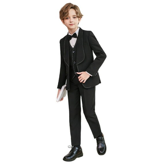DHFJKG Boys Suit Set Formal Casual Pants Outfit For Kids Toddler Boys Performance Wedding Party Piano Recital Speech Long Sleeve Coat Shirts With Bow Tie And Vest Comfort Suit