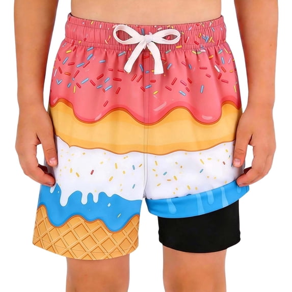 DHFJKG Boys Swim Trunks With Liner Swim Shorts Drawstring Waist Ice Print Summer Swimwear Bottoms Boy Bathing Suit For Kids 2-14Y Trendy Beachwear
