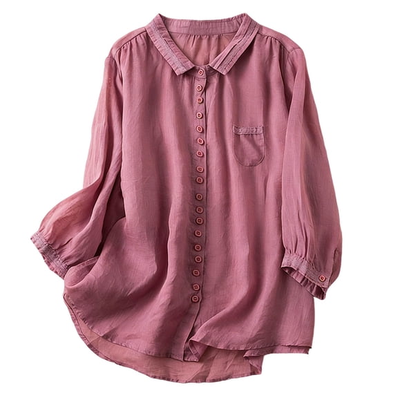 DHFJKG Button Down Shirts Women Summer Lightweight Linen Casual Blouses Long Sleeve Collared Solid Color Basic Top With Pocket Trendy Tops