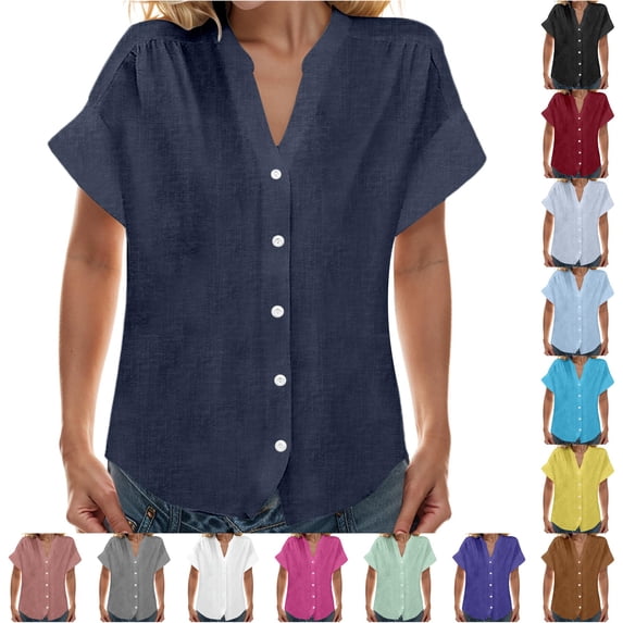 DHFJKG Button Up Shirts For Women Cotton Linen Short Sleeve V Neck Casual Blouses Summer Basic Tops