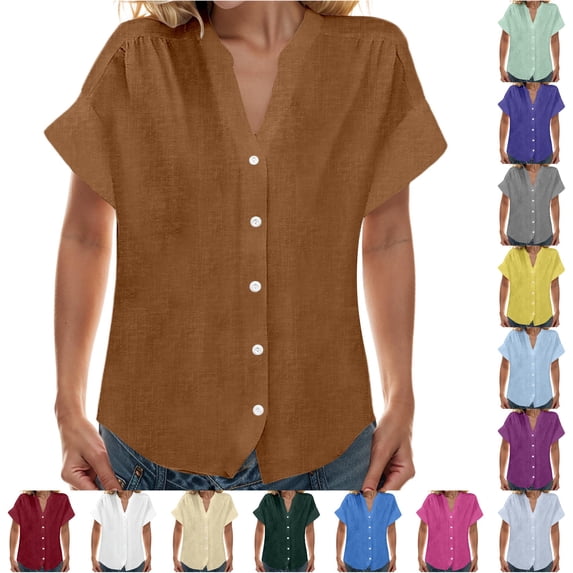 DHFJKG Button Up Shirts For Women Cotton Linen Short Sleeve V Neck Casual Blouses Summer Basic Tops