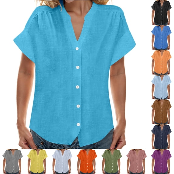 DHFJKG Button Up Shirts For Women Cotton Linen Short Sleeve V Neck Casual Blouses Summer Basic Tops