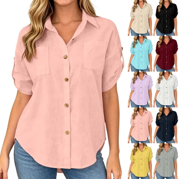DHFJKG Button Up Shirts For Women Short Sleeve Pockets Solid Color Blouse Button Down Collared Shirts Summer Basic Top