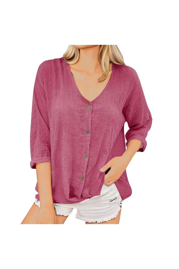 Button Up Shirts Women V Neck T Shirt Casual Solid Color 3/4 Sleeve Linen Basic Top Summer Beach Vacation Clothes Stylish Tops