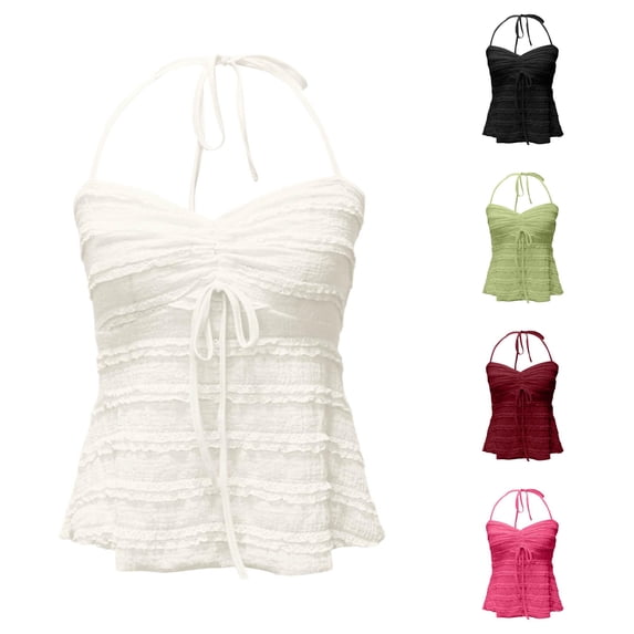 DHFJKG Camisole Tops For Women Halter Backless Bow Lace Trim Summer Cropped Tank Top Slim Fit Sweetheart Neck Cami Shirt