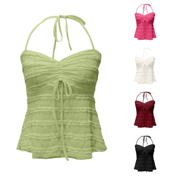 DHFJKG Camisole Tops For Women Halter Backless Bow Lace Trim Summer Cropped Tank Top Slim Fit Sweetheart Neck Cami Shirt