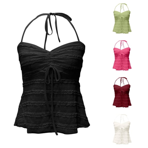 DHFJKG Camisole Tops For Women Halter Backless Bow Lace Trim Summer Cropped Tank Top Slim Fit Sweetheart Neck Cami Shirt