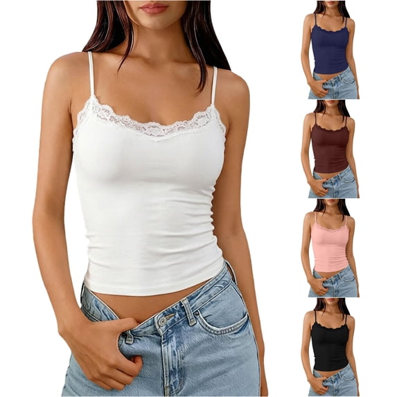 DHFJKG Camisole Tops For Women Lace Trim Tank Top With Built In Bra Spaghetti Strap Crop Cami Shirt Summer Going Out Clothes