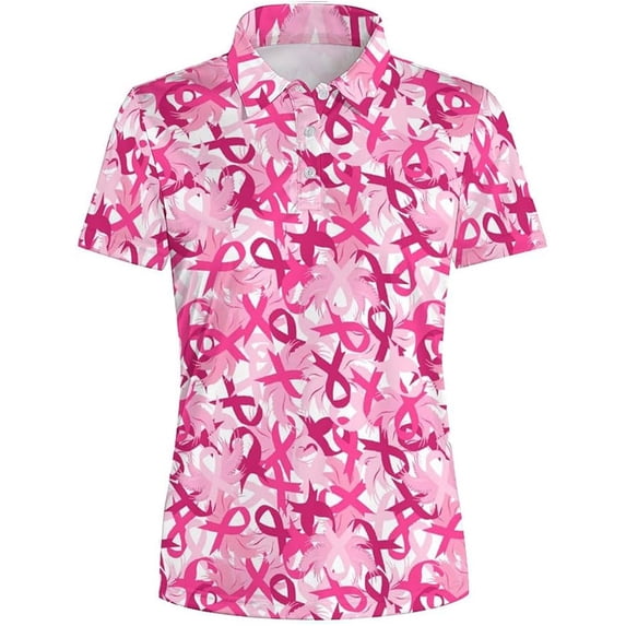 DHFJKG Cancer Awareness Polo Shirts For Women Ribbon Printed Short Sleeve Collared Shirts