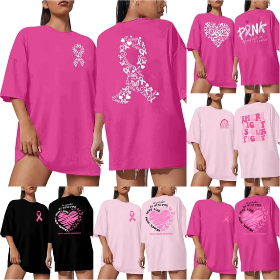 DHFJKG Cancer Awareness T Shirts For Women Pink Ribbon Graphic Oversized Drop Shoulder Short Sleeve Tees