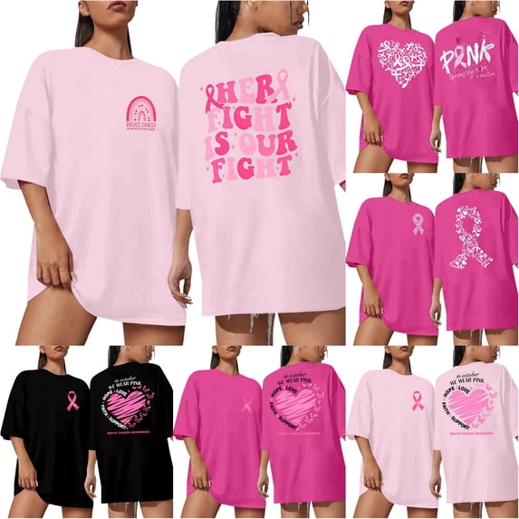 DHFJKG Cancer Awareness T Shirts For Women Pink Ribbon Graphic Oversized Drop Shoulder Short Sleeve Tees