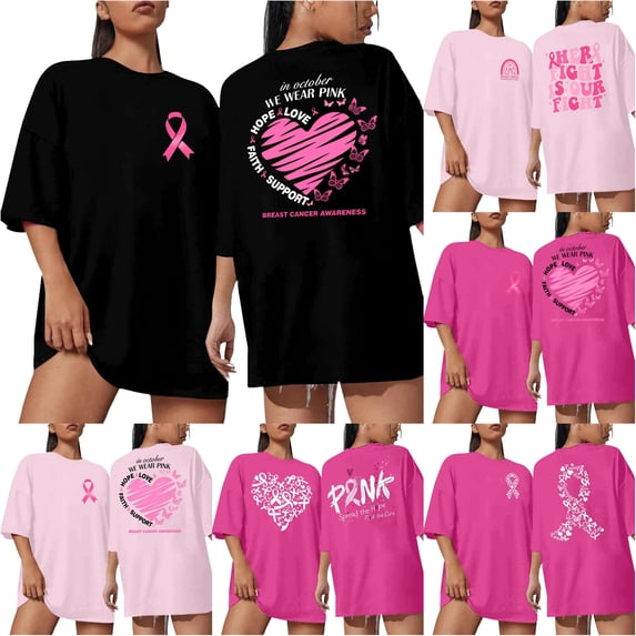 DHFJKG Cancer Awareness T Shirts For Women Pink Ribbon Graphic Oversized Drop Shoulder Short Sleeve Tees