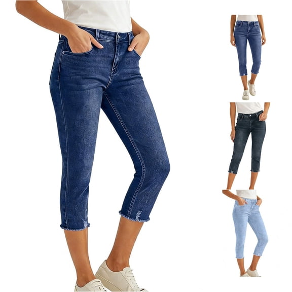 DHFJKG Capri Jeans For Women Stretchy Ripped Row Hem Jeggings Denim Cropped Leggings Casual Summer Versatile Trousers