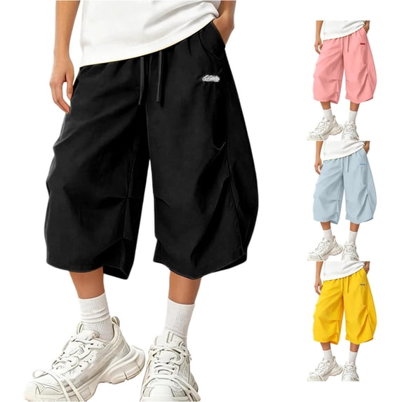 DHFJKG Capri Pants For Women Baggy Cargo Pants Summer Wide Leg Drawstring Waist Streetwear Bottoms