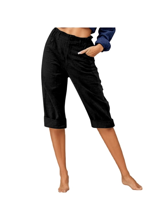 Capri Pants For Women Casual Summer Lightweight Linen Elastic Waist Loose Fit Straight Leg Solid Color Cropped Pants Trendy Trousers