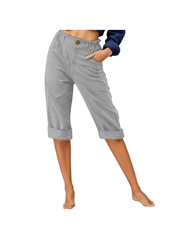 Capri Pants For Women Casual Summer Lightweight Linen Elastic Waist Loose Fit Straight Leg Solid Color Cropped Pants Versatile Trousers